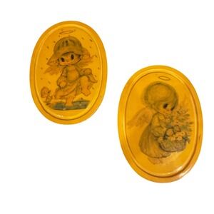 Vintage Angel Wall Art Decor Oval Wooden Frame Religious Nursery Decor Set 11x8"